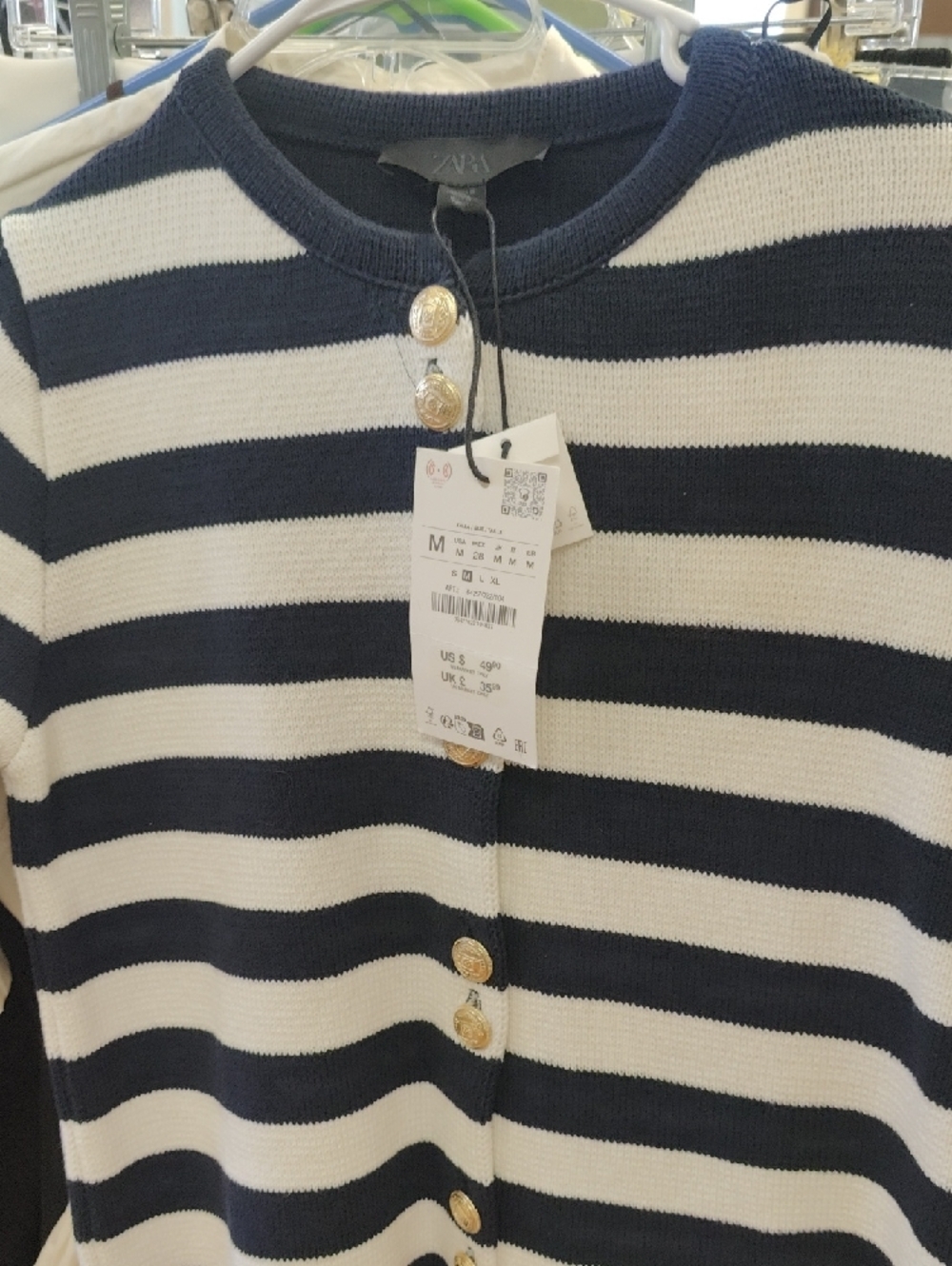 Zara Navy and White Striped Button Cardigan with Gold Buttons - Picture 6 of 6